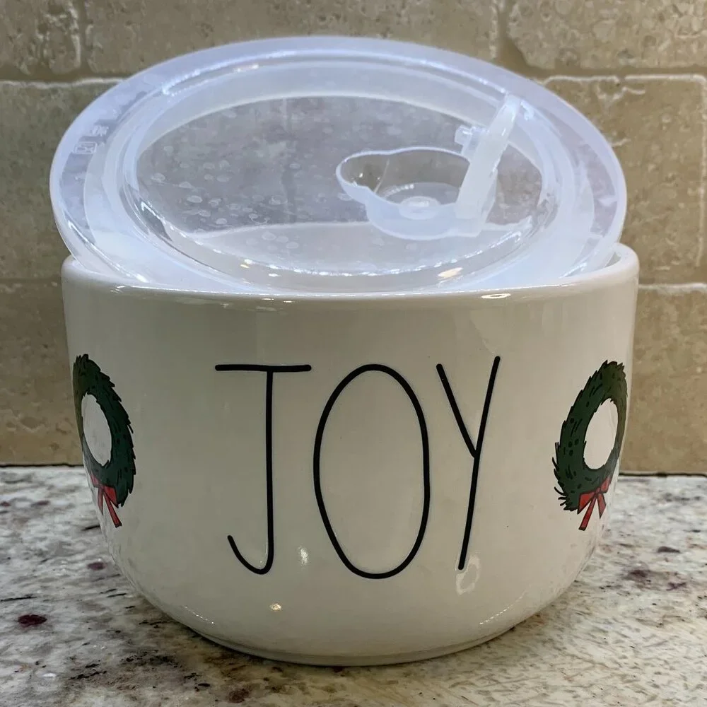 Rae Dunn JOY Holiday Ceramic Food Storage Container With Vented Plastic Lid